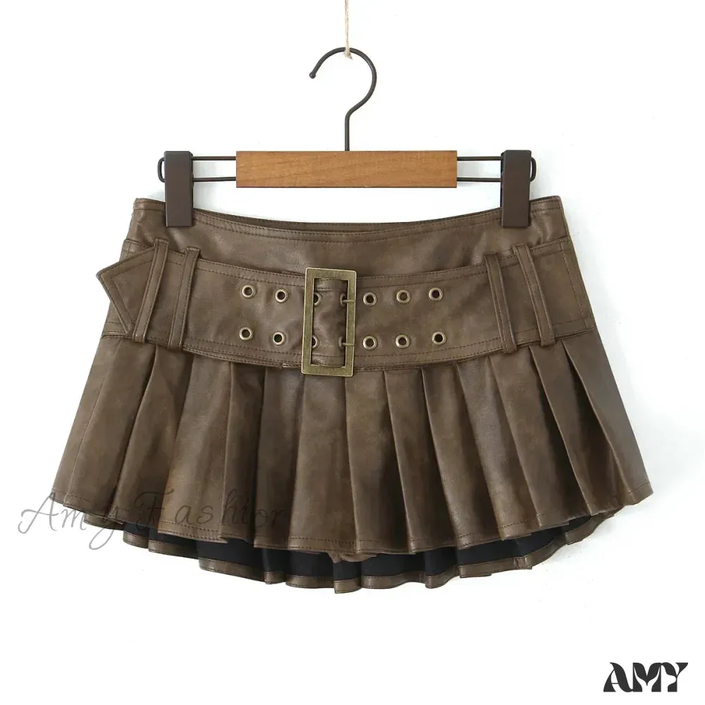 Retro Buckle Belt Low Waist Sexy Leather Pleated Mini Skirt