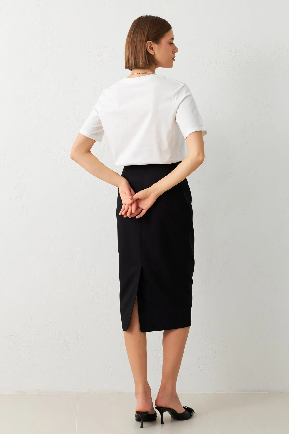 Setre Waist Fitted Midi Length Pencil Skirt Black