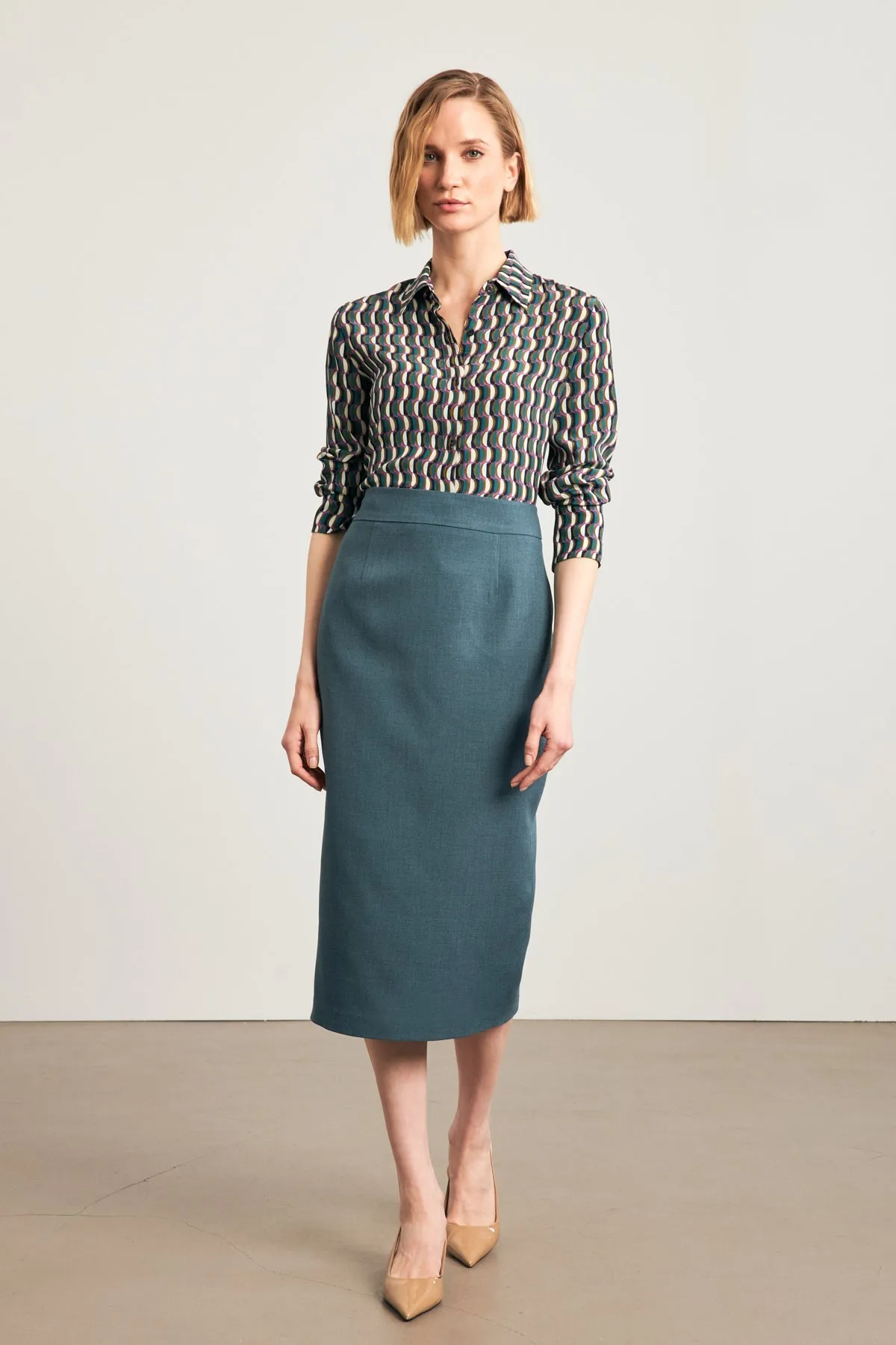 Setre Waist Fitted Midi Length Pencil Skirt Petrol