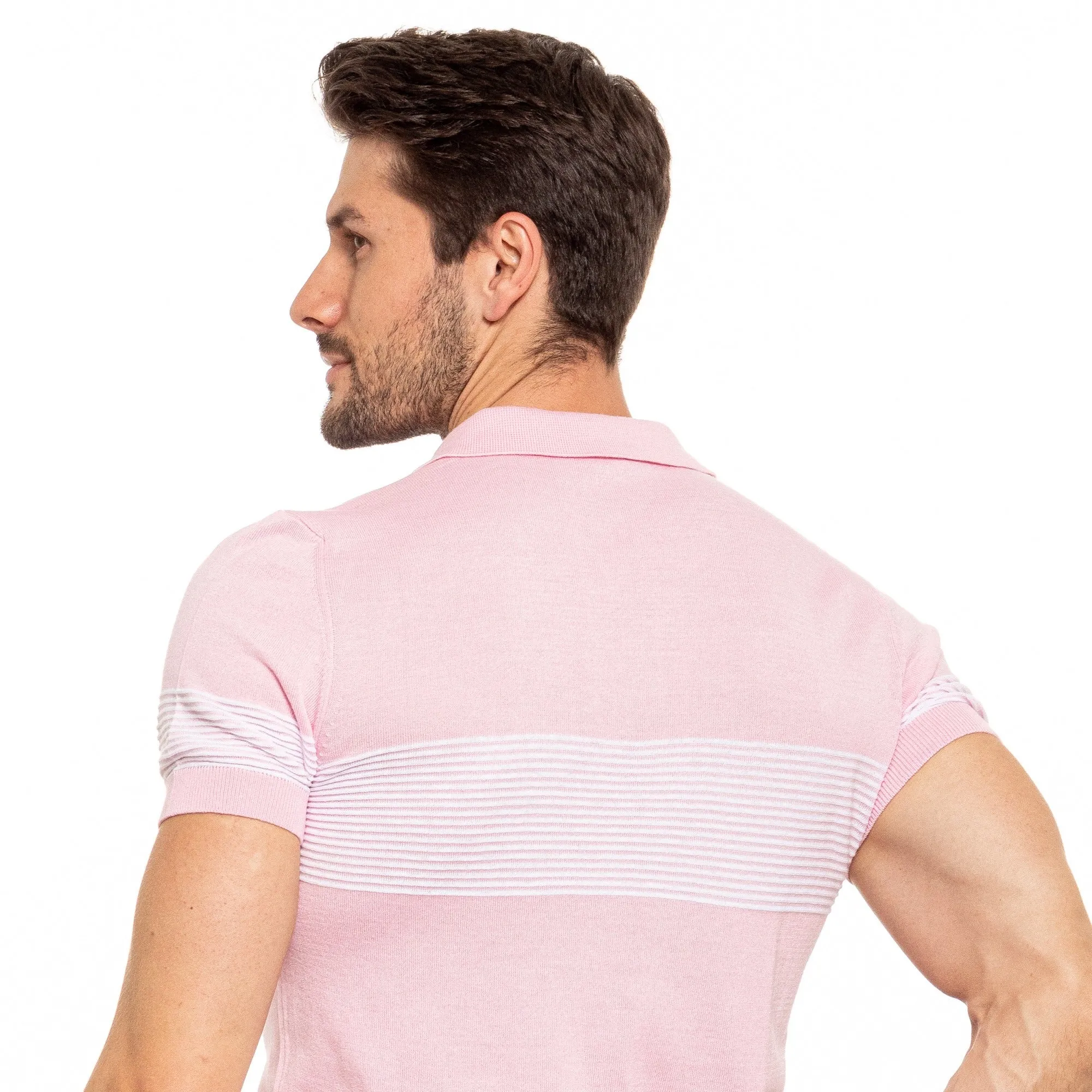 Striped Chest Knit Polo - Pink