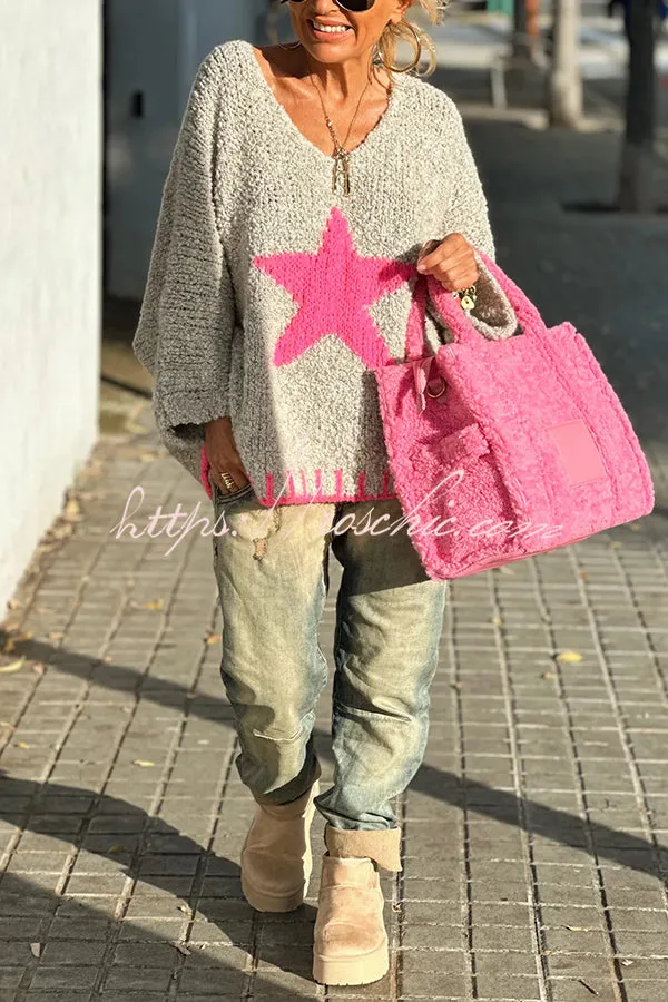 Warm Winter Day Texture Knit Star Pattern Contrast Color Loose Sweater