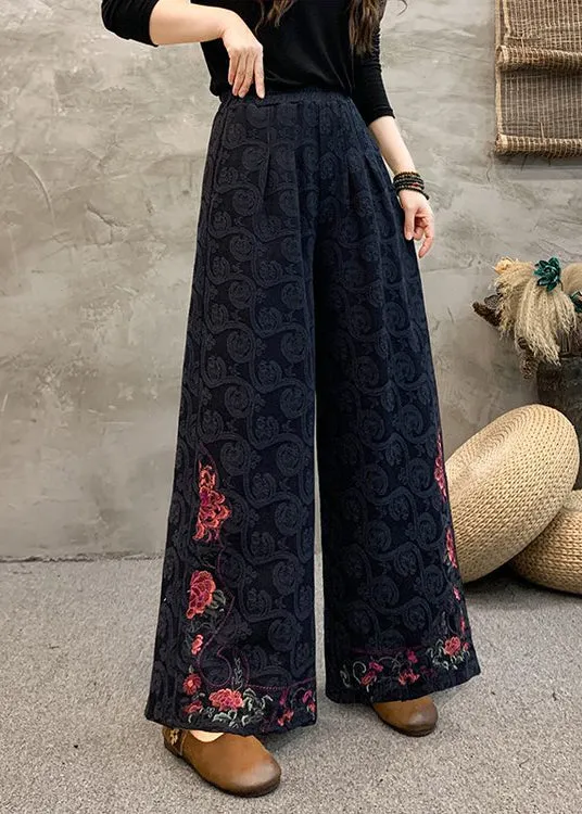 Women Navy Embroidered Pockets Cotton Wide Leg Trousers Spring BV069