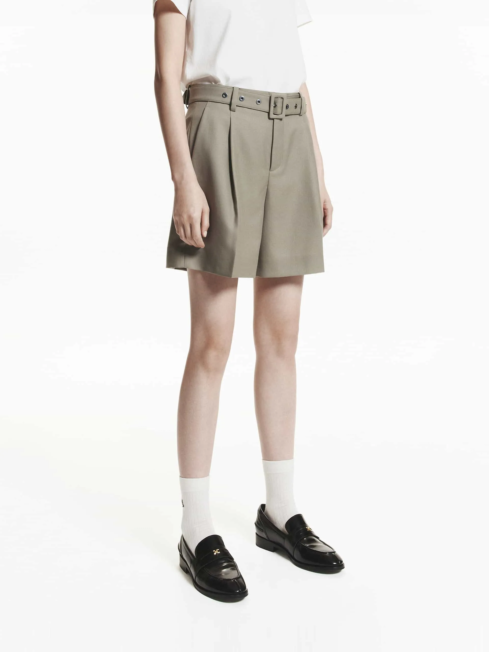 Wool Blend Belt Shorts